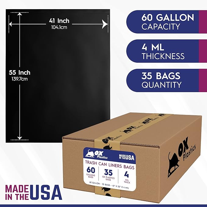 Ox Plastics 60 Gallon Trash Can Liners Bags - 35 Count Capacity & 4mil Thick Extra Heavy Duty Strength -Large Garbage, Leak-Proof & Durable Bag Black