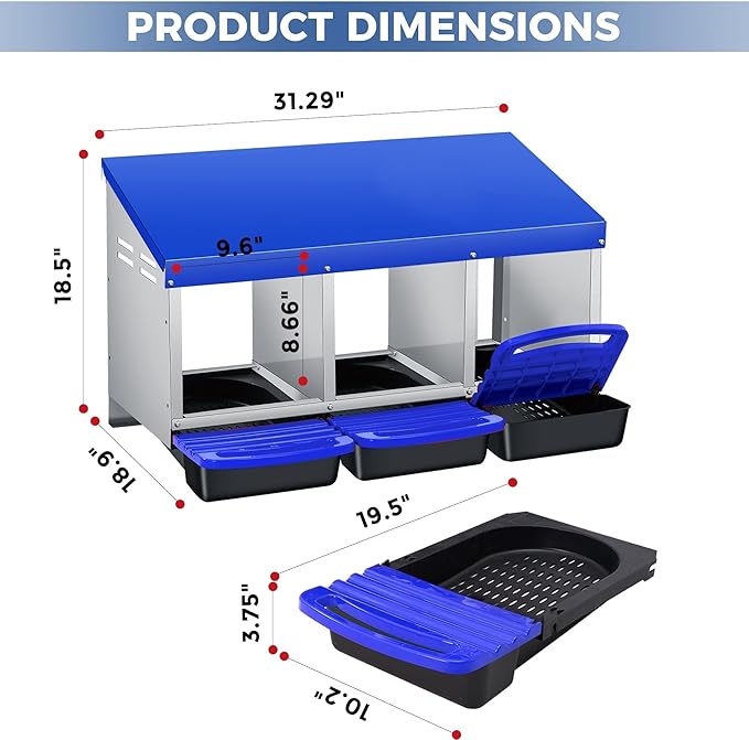 Chicken Nesting Boxes, Metal Rollaway Chicken Nest Box with Rollout Egg Collection, Removable Tray & Nesting Pads, Egg Laying Box for Chicken Coop Hens, Wall Mount or Standing, 3 Compartments, Blue