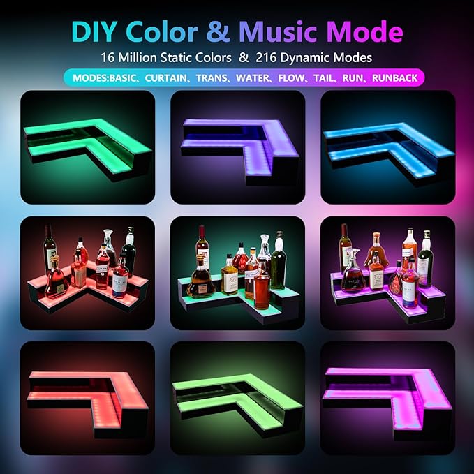 Corner Led Lighted Liquor Bottle Display Shelf, 20 Inch 2 Tier Whiskey Rack