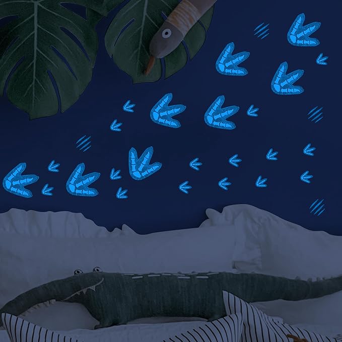 Glow in The Dark Dinosaur Footprints Wall Decals, Peel and Stick Cute Dino Track Stickers for Kids, Removable Dinosaur Wall Stickers for Baby Nursery Bedroom (Blue)