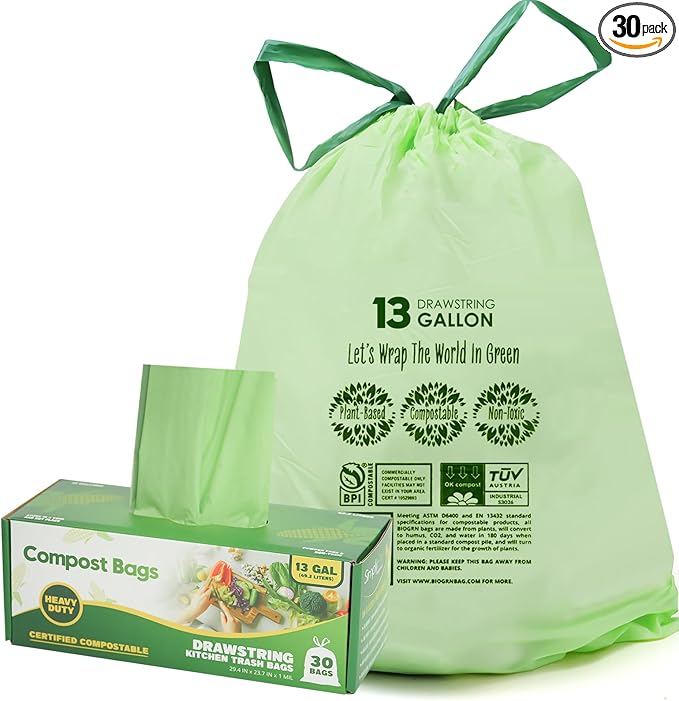 10-13 Gallon Compostable Trash Bags with Drawstring, Heavy Duty Extra Thick 1 Mil, 49.21 Liter, Tear Resistant & Odorless Kitchen Food Scrap Waste Bag, US BPI and OK Compost Home Certified (30 Count)