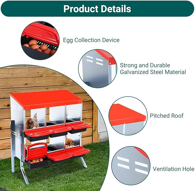 Red 6/8/10-Hole Wall-Mount Chicken Nesting Box with Legs & Roll-Away Design – Easy Egg Collection, Pull-Out Cleaning, Durable Roosting Box for All Chicken Breeds