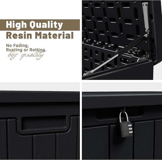 JUMMICO 90 Gallon Waterproof Resin Deck Box, Double Wall Outdoor Storage Box with Lockable Lid for Garden Tools, Patio Cushions, Pools (Black)