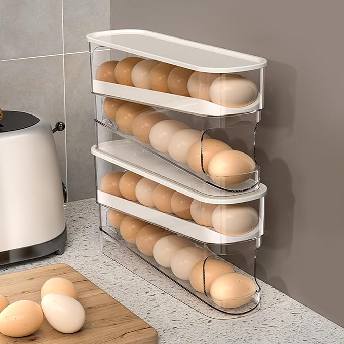 2pcs Auto Rolling Egg Holder for Fridge, Egg Dispenser/Organizer/Storage/Container with Lid for Refrigerator, Sturdy and Durable Space-Saving Egg Tray for 12 Large Eggs