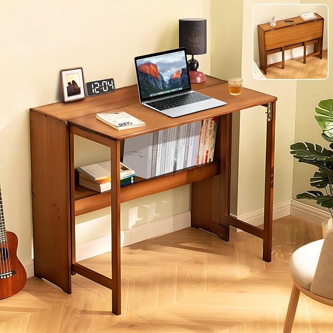 39.37" Bamboo Folding Desk,Space-Saving Computer Desk for Small Spaces, Foldable Study Table for Bedroom, Home Office, Dorm, Apartment (Brown)