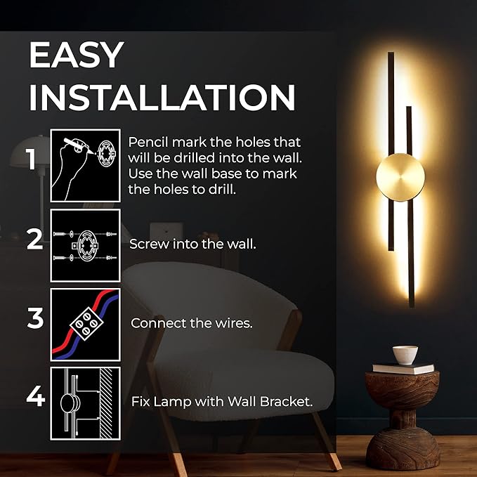 Ozarke Elles Minimalist LED Light Sconce, Modern Linear Wall Lamp, Warm White
