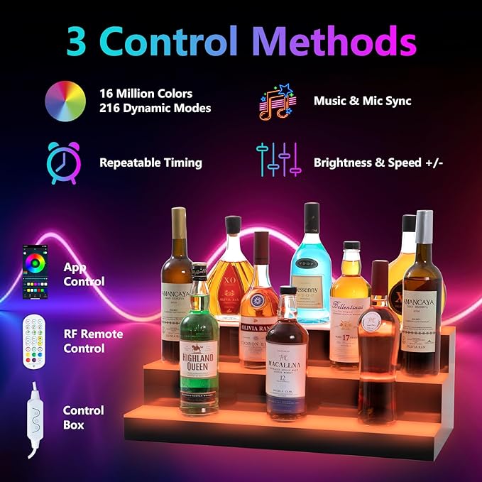 Led Lighted Liquor Bottle Display Shelf, 24 Inch 3 Tier Whiskey Rack, Support