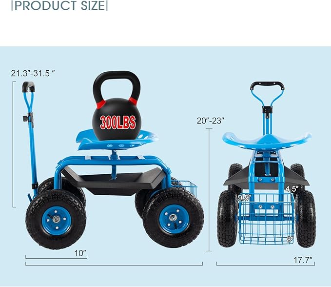 Rolling Garden Tool Cart with Seat Heavy Duty Scooter with Handle and Storage for Seniors Garden Cart on Wheel,Blue