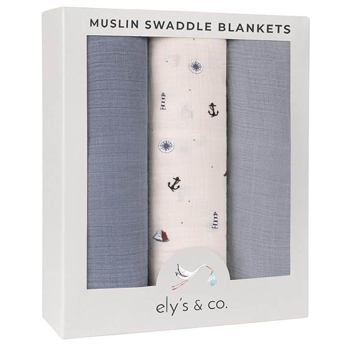 Ely's & Co. Muslin Swaddle Blankets 3-Pack for Baby Boy, 100% Cotton Muslin Extra Large Swaddle Receiving Blankets, 47”x47” (Blue-Ivory Nautical)