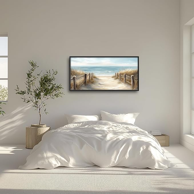 Olivine Beach Large Wall Art, Coastal Seascape Pictures Wall Decor, Nautical Paintings, Sea Canvas Prints, Framed Artwork for Dining Room Bedroom Living Room Office Bathroom Home Decoration 60"x30"