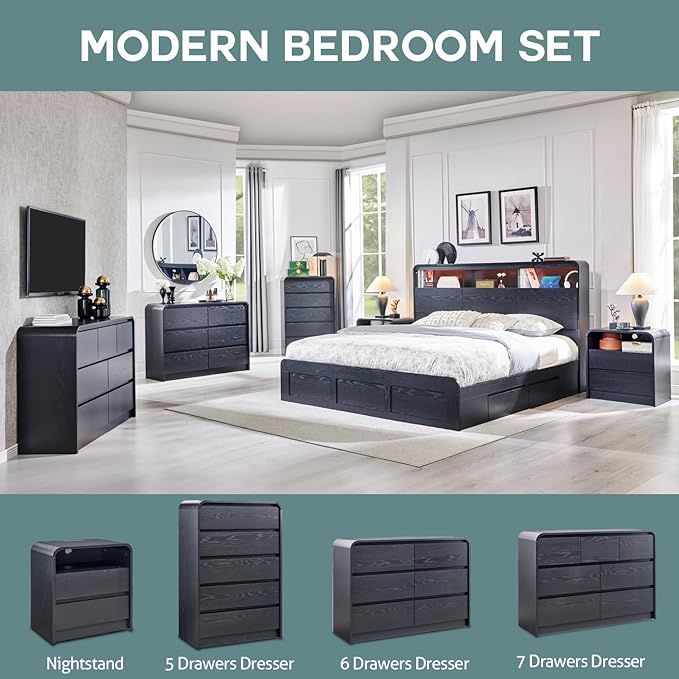 Modern 6 Drawers Dresser for Bedroom, 47" Wide Wood Dressers & Chests of Drawers w/Curved Profile Design, Mid Century Modern Dresser w/Natural Texture for Bedroom, Living Room, Black