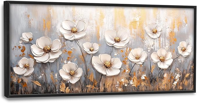 Olivine Flower Large Wall Art, White Floral Pictures Wall Decor, Retro Flowers Paintings Canvas Prints, Framed Artwork for Dining Room Bedroom Living Room Office Bathroom Home Decoration 60"x30"