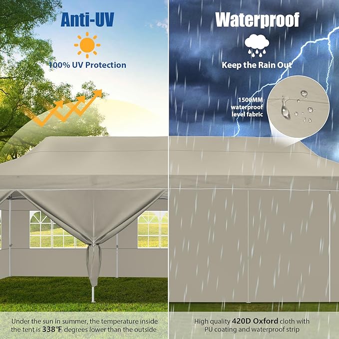 HOTEEL 10x30 Pop up Canopy Tent for Parties, Heavy Duty Easy Setup Tent with 8 Sidewalls, Outdoor Commercial Instant Gazebo for Wedding Event, with Portable Bag & Sand Bags, Khaki(Hexagonal Frame)