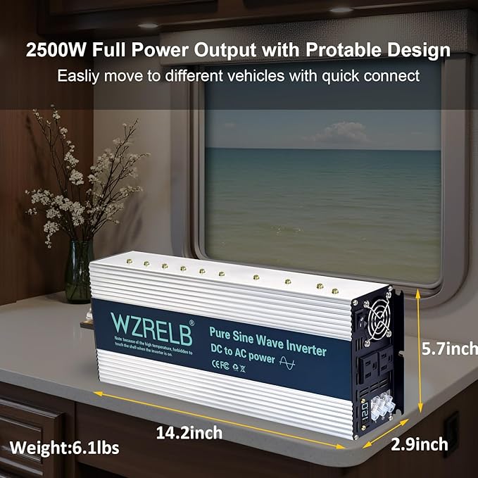 WZRELB 2500W Pure Sine Wave Inverter, Car Power Inverter 48V DC to 110V 120V AC Converter for RV, Truck, Solar, Outdoor with Dual AC Outlets, Hardwire Port, Surge 5000W, LED Display,Off-Grid