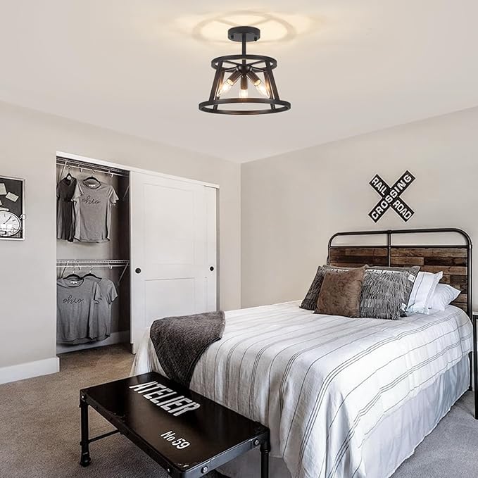 12.59" Black Semi Flush Mount Ceiling Light, 3-Light Modern Close to Ceiling