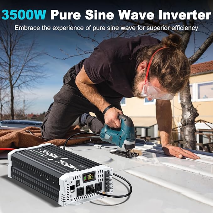 3500 watt Pure sine Wave Inverter, 12V DC to 110V AC Power Inverter, Used for Solar Emergency Power Supply in RV Homes, with 3 AC Output sockets, USB Port, Type-C Port, Remote Control with LCD Screen