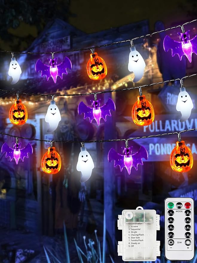 Halloween String Lights, 3D Pumpkin Bat Ghost Fairy Lights Battery Operated