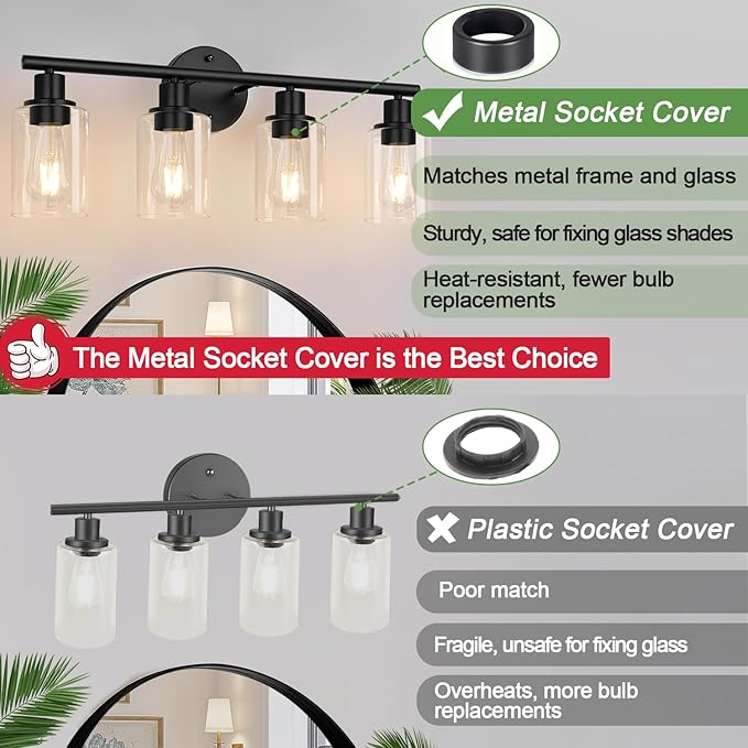 4-Light Bathroom Light Fixtures, Matte Black Modern Vanity Lights Over Mirror