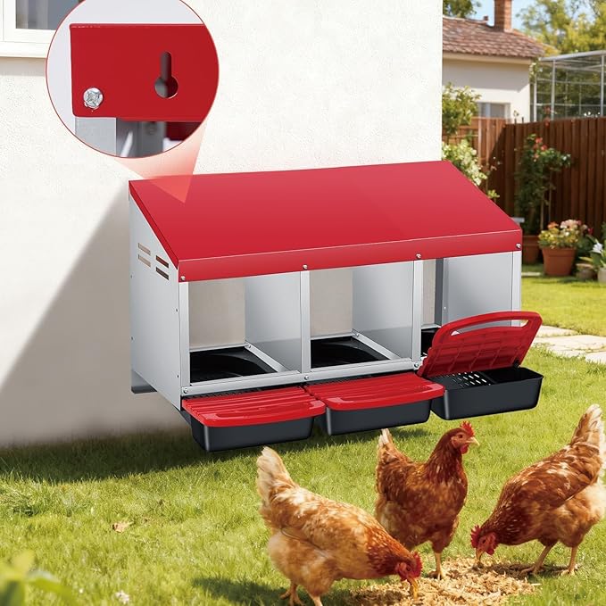 Chicken Nesting Boxes, Metal Rollaway Chicken Nest Box with Rollout Egg Collection, Removable Tray & Nesting Pads, Egg Laying Box for Chicken Coop Hens, Wall Mount or Standing, 3 Compartments, Red