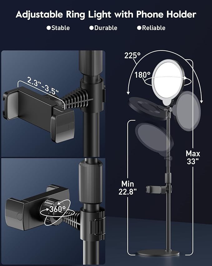 7" Ring Light with Stand for Desk, 3000K-6500K, 30 Lighting Modes for Video