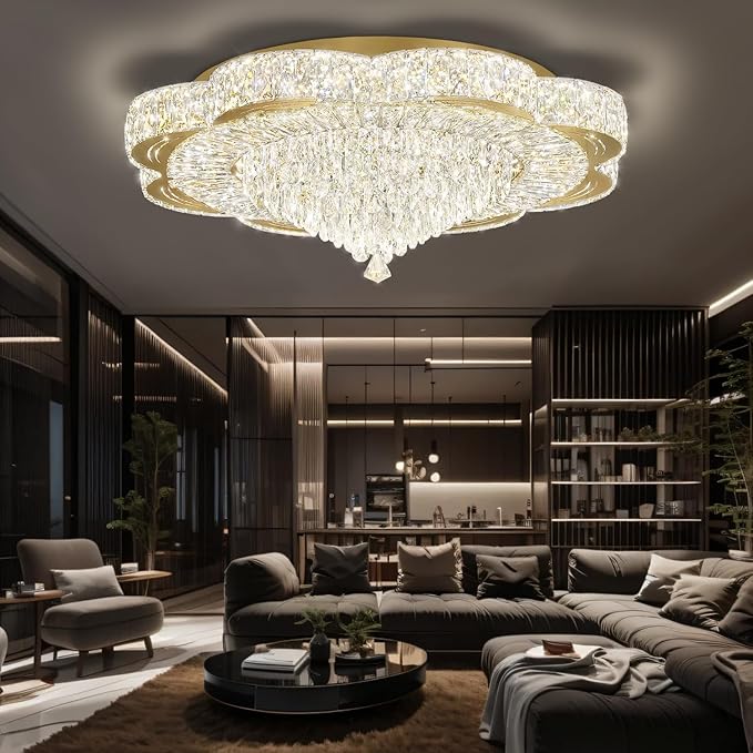 Modern Empire Crystal Chandelier Gold 32inches Crystal Raindrop Ceiling Light