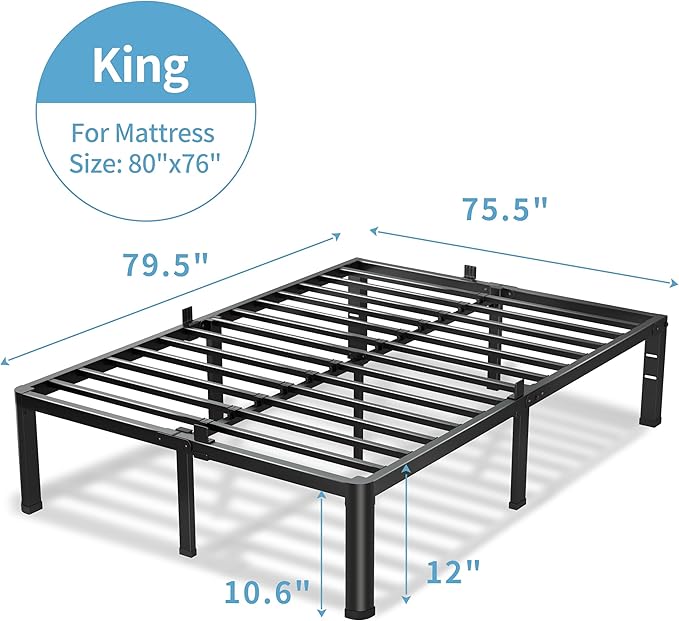 12 Inch King Size Bed Frame, 3500Lbs Heavy Duty Metal Platform with Round Corner Legs Mattress Slide Stopper, Steel Slat Support No Box Spring Needed, Noise Free, Non-Slip, Easy Assembly