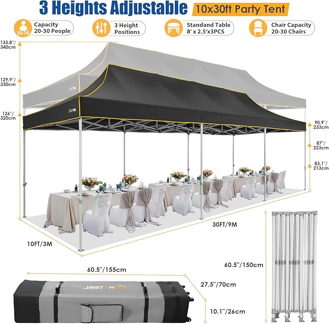 HOTEEL 10x30 Pop up Canopy Tent for Parties, Heavy Duty Easy Setup Tent Without Sidewalls, Outdoor Commercial Instant Gazebo for Wedding Event, with Portable Bag, Black(Hexagonal Frame)