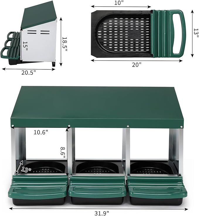 3 Compartment Roll Out Chicken Nesting Box with Plastic Basket, Egg Nest Box Chicken Laying Box Hens Chicken Coop Box with Swing Perch and Roll Out Egg Collection for Chicken Coop, Green