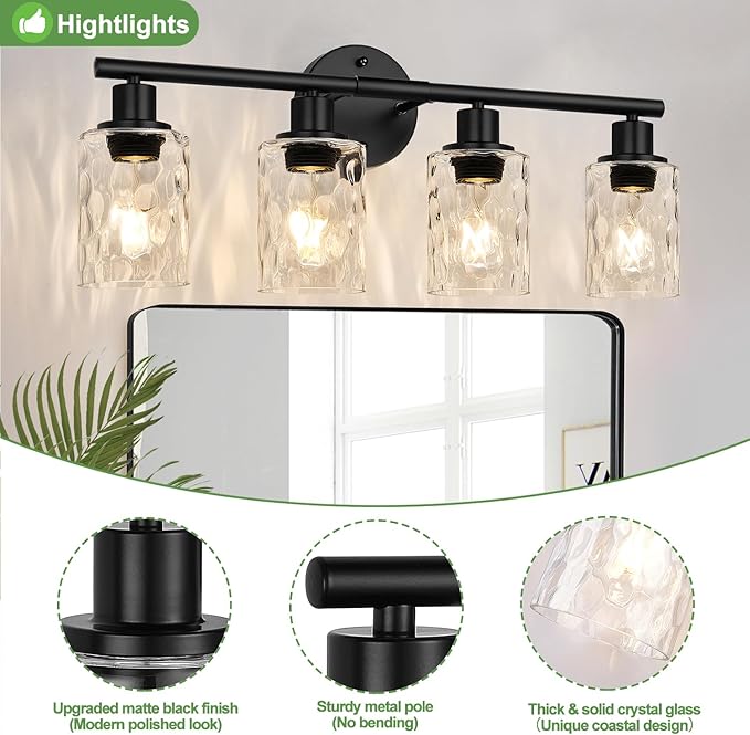 4-Light Bathroom Light Fixtures, Matte Black Vanity Lights