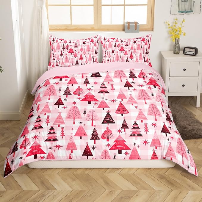 Manfei Cartoon Tree Duvet Cover Set Full Size, Christmas Theme Bedding Set 3pcs for Kids Girls Adults, New Year Pink Plaid Comforter Cover Soft Polyester Quilt Cover with 2 Pillowcases,No Comforter