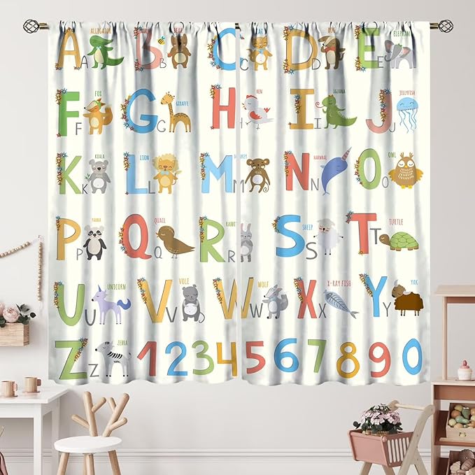 Kids Alphabet Curtains Funny Letter Education Cute Cartoon Animal Printed Curtain with Rod Pocket for Bedroom Living Room Home Decor Drapes Window Treatments 2 Panels Set 63" W X 72" L