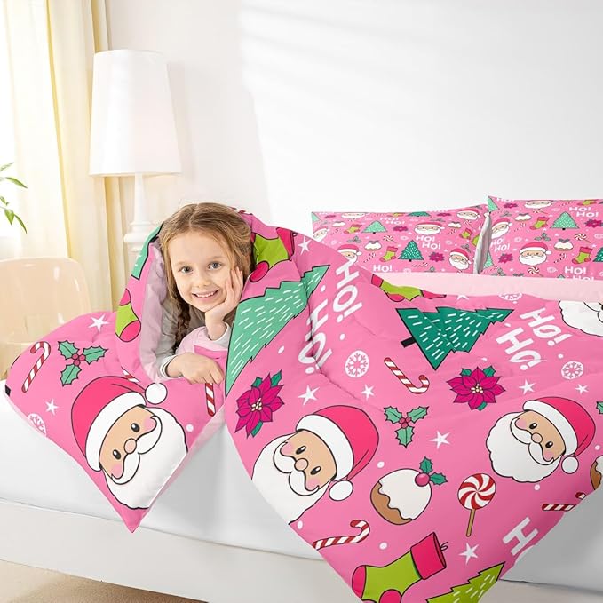 Feelyou Pink Merry Christmas Comforter Set All Season Santa Claus Bedding Set with 1 Pillow Cases Xmas Microfiber Kids Toddler Bedclothes Happy New Year Bedroom Decor Duvet Quilt Soft Lightweight