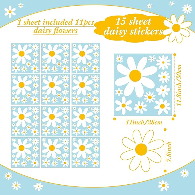 TaoBary 165 Pieces 15 Sheet Large Daisy Wall Decals Flower Stickers Vinyl Peel and Stick Floral Decal Daisy Wall Decor for Nursery Playroom Bedroom Living Room(Cute)