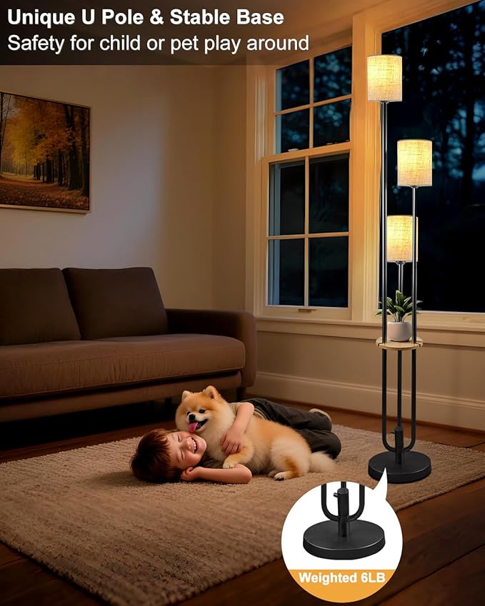 63IN Dimmable Floor Lamp with Shelf, Unique Black Tall Standing Lamps with Table