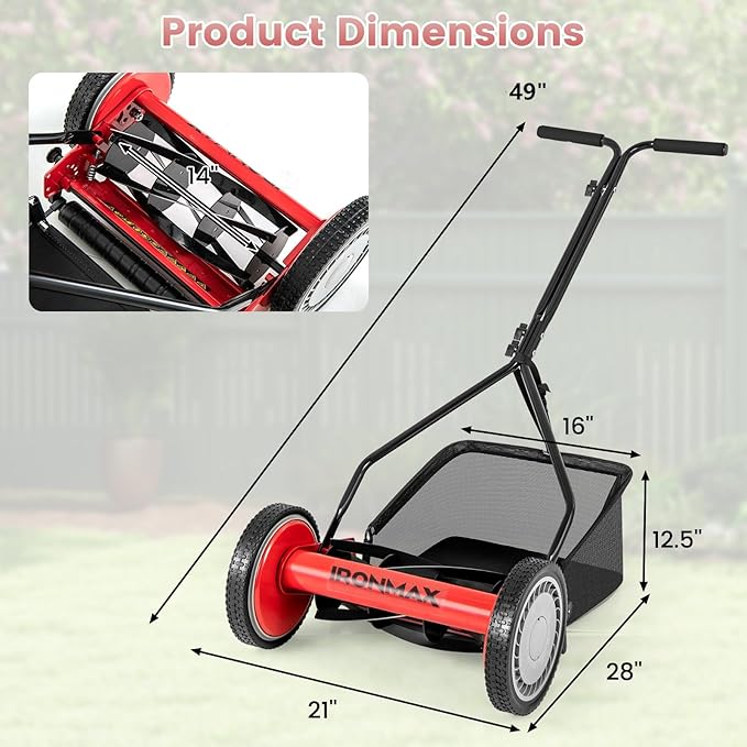 Goplus Manual Lawn Mower, 14 Inch 5-Blade Walk-Behind Cordless Grass Cutter with 7 Gallon Removable Grass Collect Bag, Adjustable Cutting Heights, Push Reel Lawn Mower for Yard, Garden