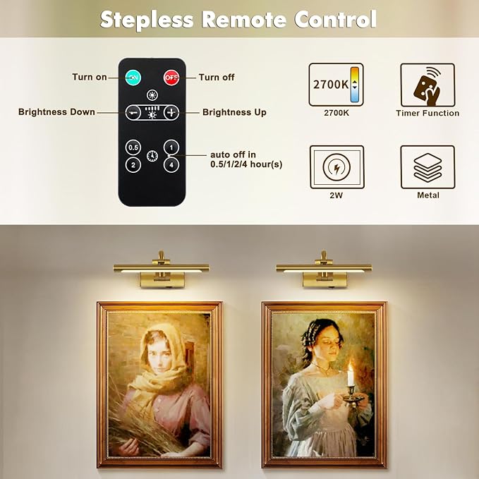 Wireless Picture Lights for Wall Rechargeable Brass Gallery Lights Battery