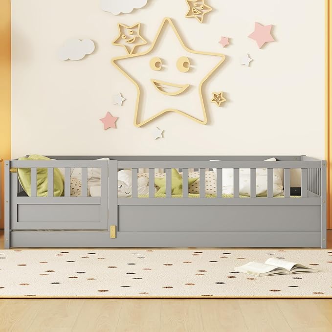 Twin Size Floor Bed with High Fence, Door and Slats, Twin Floor Bed with Slats(Gray Twin)