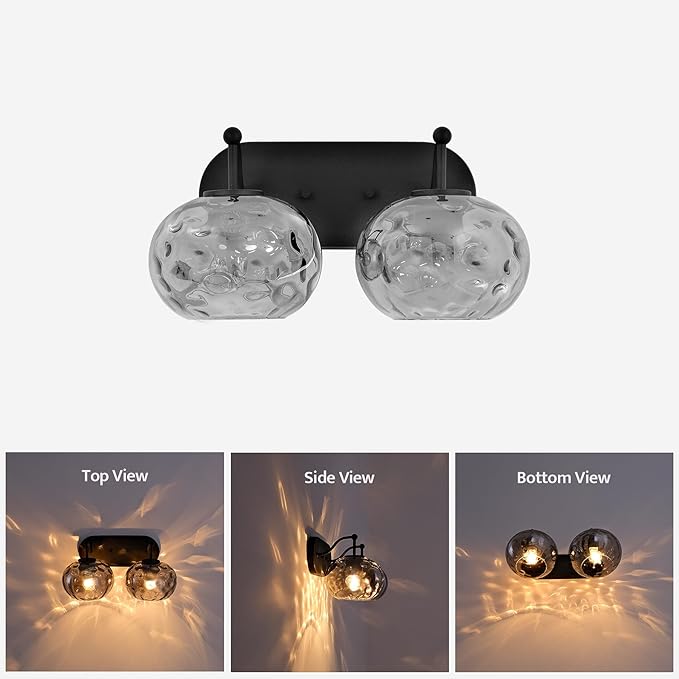 Matte Black Vanity Light Smoked Grey Hammered Glass Wall Sconce 2-Light Modern