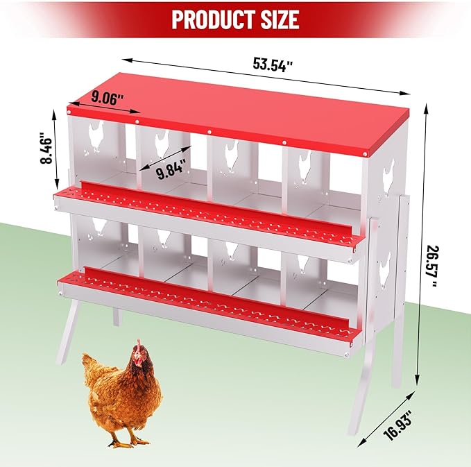 Chicken Nesting Boxes,8 Compartments Galvanized Steel Metal Laying Boxes with Leg,Pull-Out Egg Box Easy Egg Collection & Clean,Wall Mount Suitable for Farm Chicken House,Red