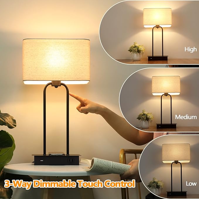 Set of 2 Wireless Charging Touch Control 3-Way Dimmable Table Lamps, Beside