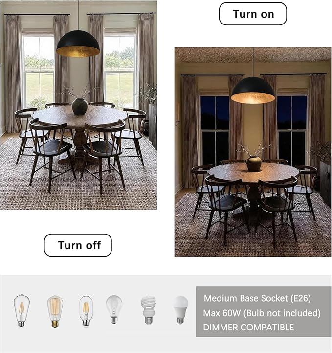 15 Inch Black and Gold Pendant Light, Bold Textured Matte Black Dome