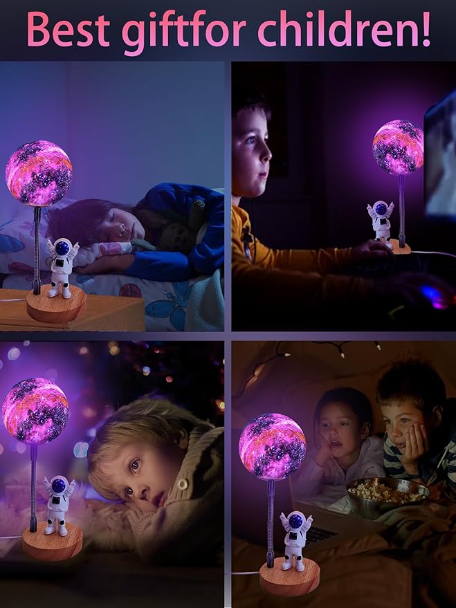 WLHONG Moon Lamp for Kids,Space Buddy Lights with 7 Color Astronaut Night Light,USB Powered and Button Control 3D Moon Table Lamp,Perfect for Bedroom,Nursery and Space-Themed Parties (Galaxy)