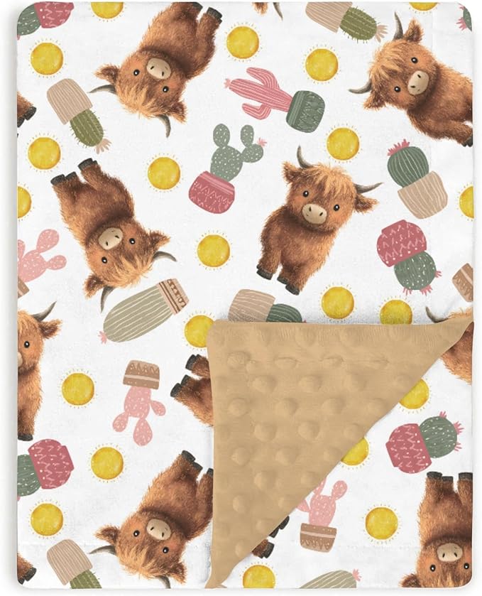 Baby Blankets for Girls Boys 30" x 40", Soft Double Layer Minky Blanket Dotted Fleece Back, Nursery Bed Receiving Quilt Newborn Infant Toddler Shower Gift Boho Highland Cow Cactus Sun Theme