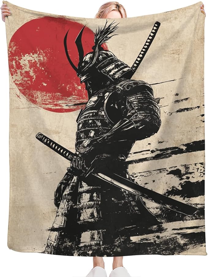 Tijuboni Japanese Samurai Throw Blanket Japanese Warrior Gifts for Men Women Girls Boys Kids Adults Soft Flannel Fleece Blanket for Couch Sofa Bed Home Decor 50"x60"