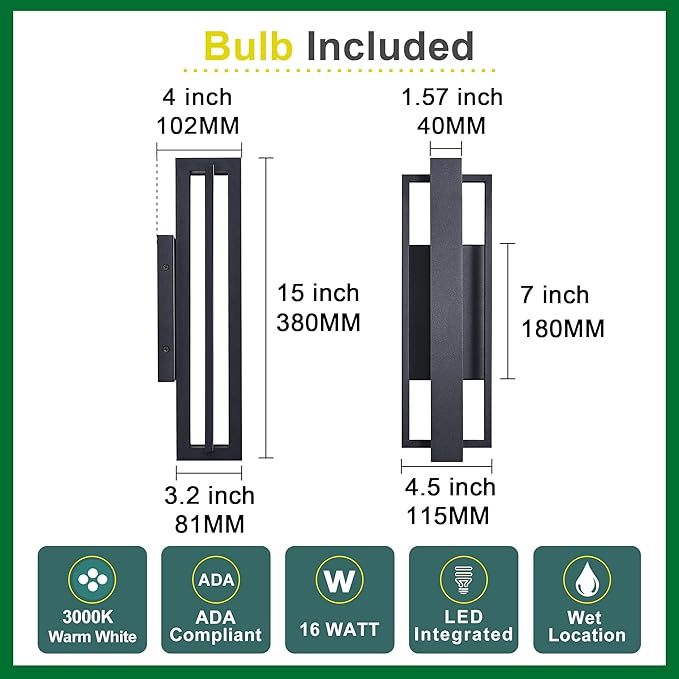 2 Pack Dimmable LED Wall Light, CRI 90+, IP65 Waterproof, 10%-100% Dimmable