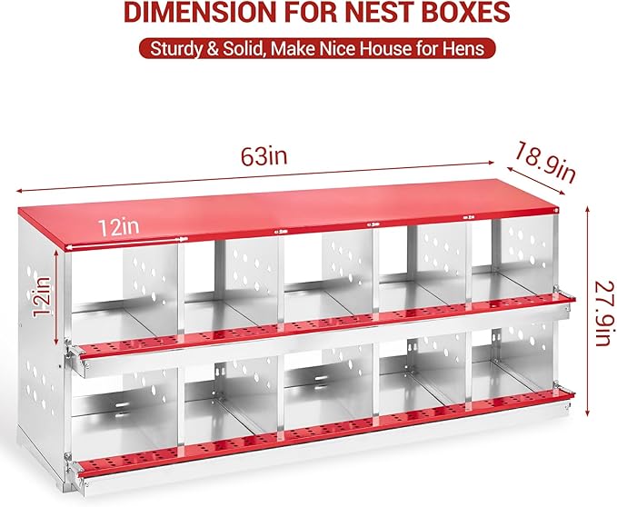 Heavy Duty Metal Chicken Nesting Box – 10 Compartments, Roll-Out Egg Collection, Pull-Out Tray, Swing Perch, Wall Mount, Easy Clean, for Hens, Chickens & Ducks, Indoor/Outdoor, with Cover-Red,
