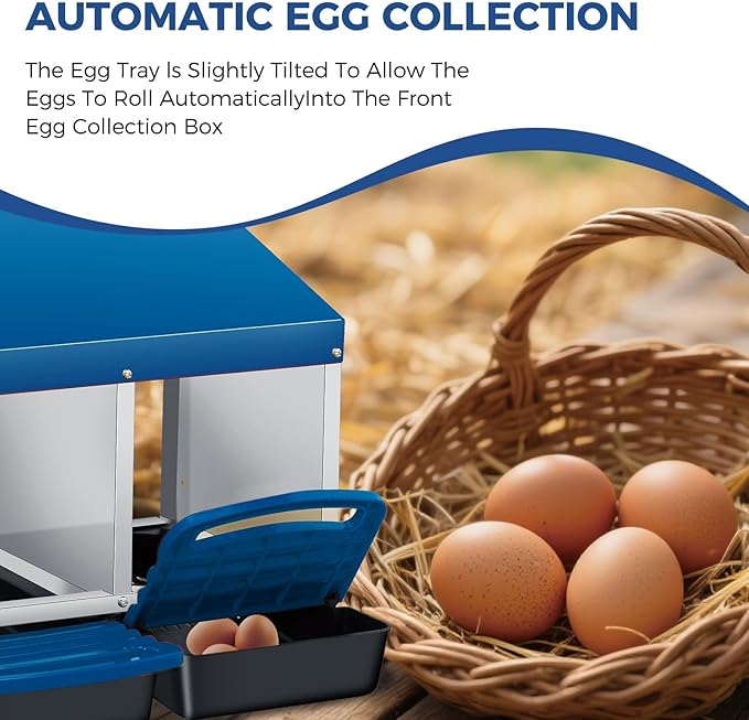 Chicken Nesting Boxes, Metal Rollaway Chicken Nest Box with Rollout Egg Collection, Removable Tray & Nesting Pads, Egg Laying Box for Chicken Coop Hens, Wall Mount or Standing, 4 Compartments, Blue