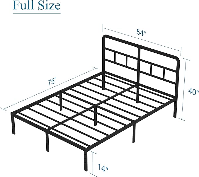 14 Inch Full Size Bed Frame with Headboard No Box Spring Needed, Heavy Duty Metal Platform with Steel Slat, Mattress Foundation, Easy Assembly, Noise Free, Black