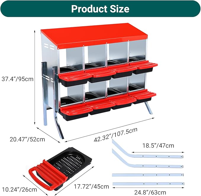 Chicken Nesting Box, 6-Hole Metal Wall Mount Chicken Laying Boxes with Legs and Lid Cover, Easy to Assemble, Roll-Away Egg Design Nesting Boxes for Outdoor Chicken Coop & Farm Yard, Red
