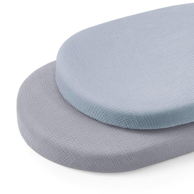 Blissful Diary Muslin Bassinet Sheets for Baby Girls Boys, Boho Soft Cotton Fitted for Oval Hourglass Rectangle Mattress, 2 Pack(Light Blue&Grey)